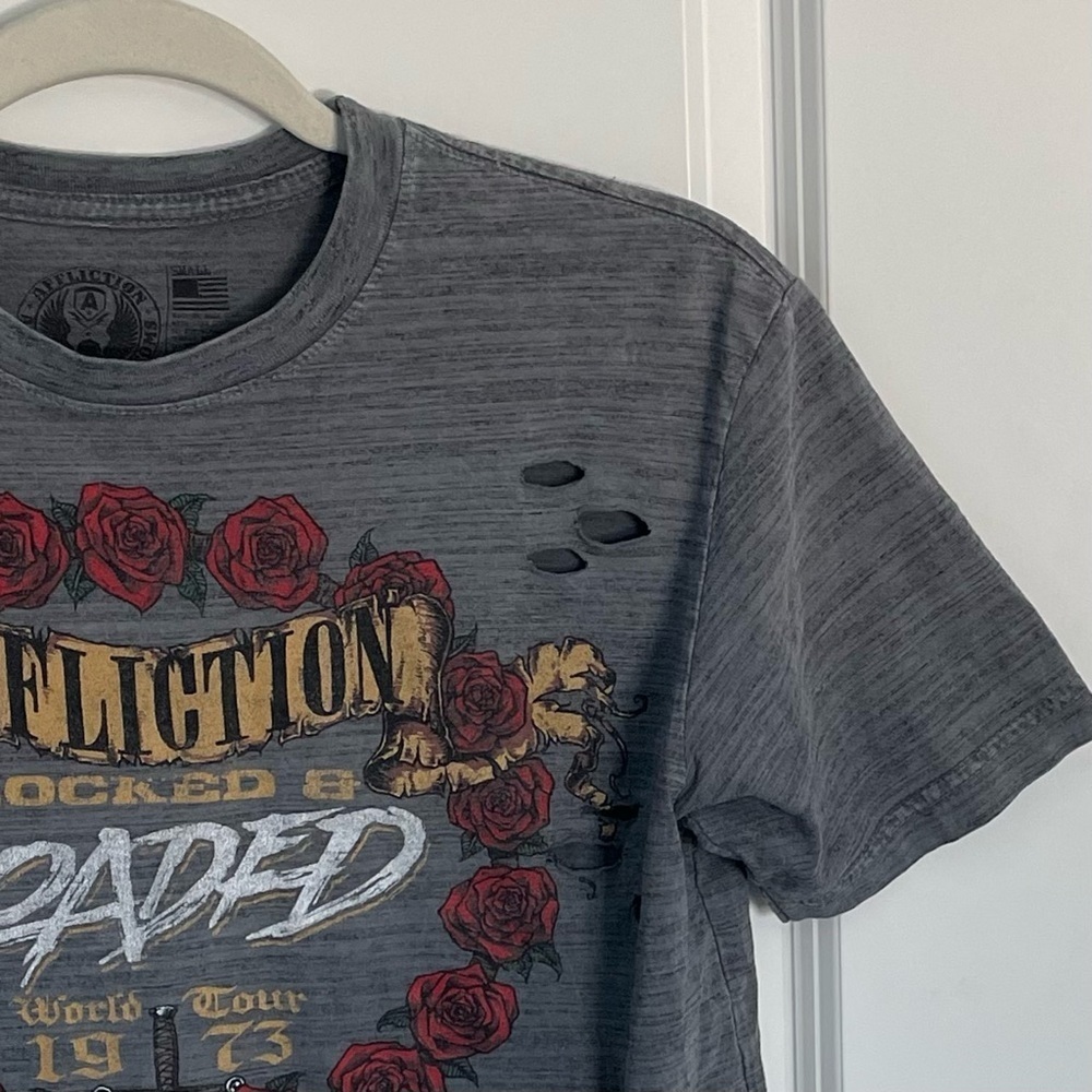Affliction Locked And Loaded Distressed Gray T-Shirt Tee Skulls 35427 View 3